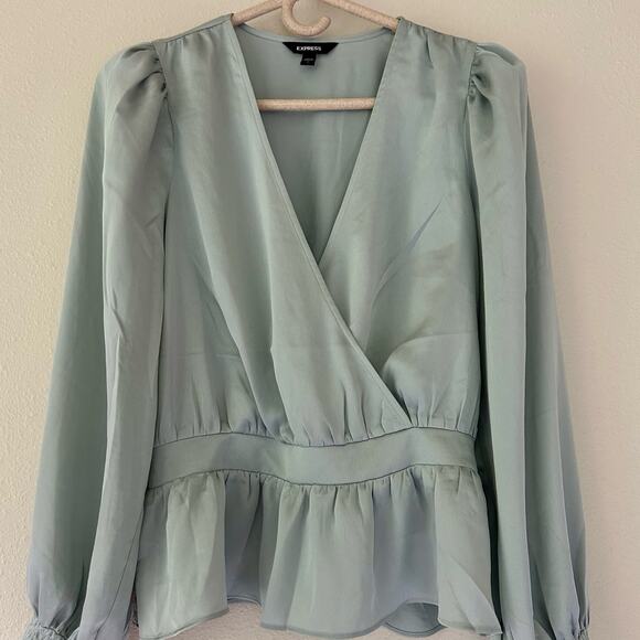 Express wrap peplum long puff sleeve silky satin top V neck feminine romantic M - Picture 5 of 13